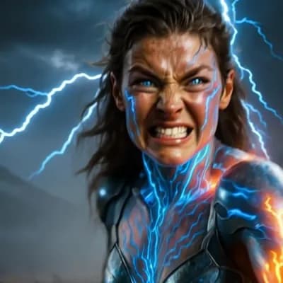 AI generated video: Camera shakes as lightning splits the battlefield. Thor Katla staggers, glowing storm-blood dripping...