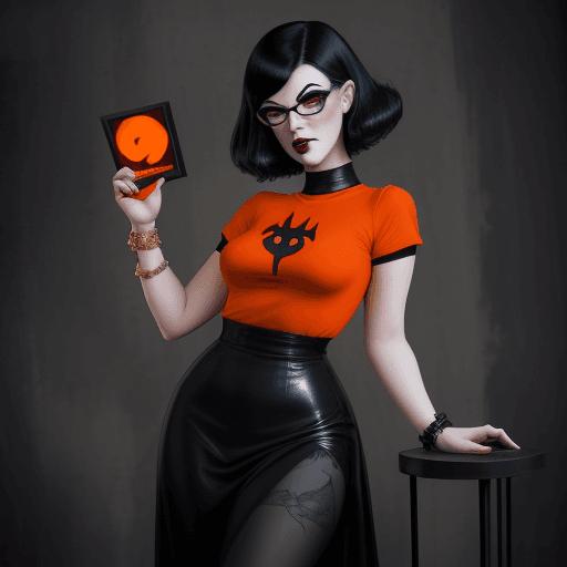 AI generated: goth girl astestic, velma from scooby-doo, a woman wearing eye glasses and an orange top, goth style...