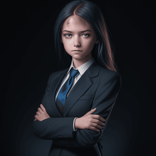 AI generated: Portrait of a young girl, in dark blue business suit, dark gray background, photo,  Leica 55mm. best...