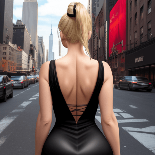 AI generated: hyper realistic tall blonde in black dress with huge split and cleavage on the streets of New York w...
