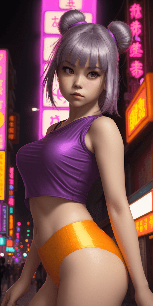 AI generated: a girl in a purple top in a neon city, in the style of chinapunk, iconic album covers, soft-focus po...