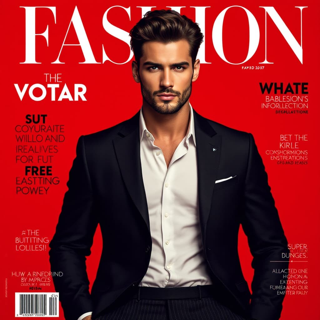 AI generated: fashion cover, front view, upper-body, stud, male model, Vibrant Hot red Backdrop, suit, formal shir...