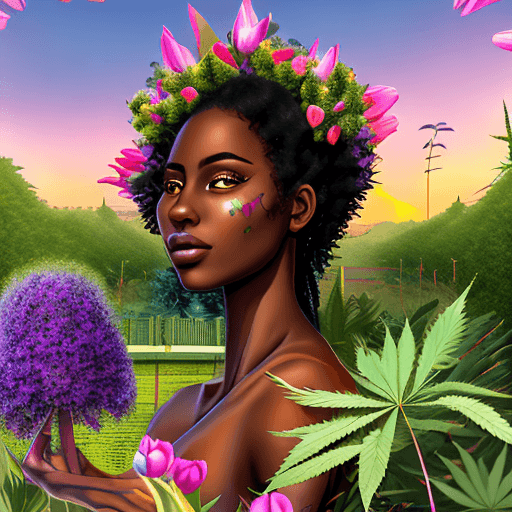 AI generated: (Exterior: peaceful cannabis indica temple garden with potted tulips in bloom with overgrown potted ...