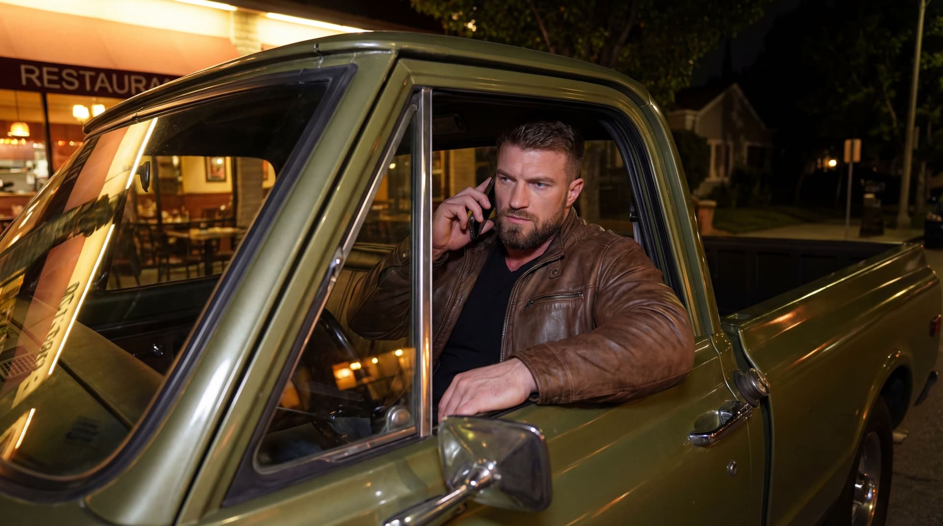 AI generated: At night outside on a nice neighborhood. 
A bodybuilder is Inside an olive green pick up truck. The ...