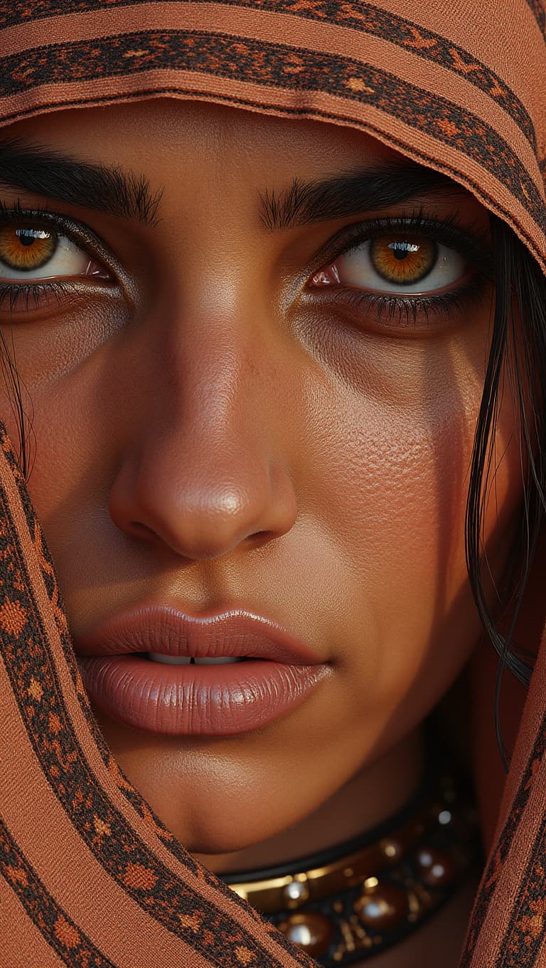 AI generated: Ultra-realistic, hyper-detailed extreme close-up of ONLY the left half of a Middle Eastern woman's f...