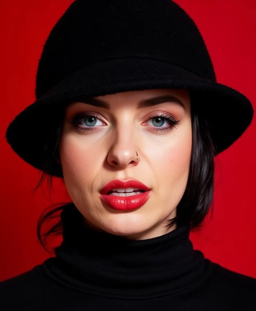 AI generated: The image is a close-up portrait focusing on the face of a woman, wearing a black hat. The person's ...