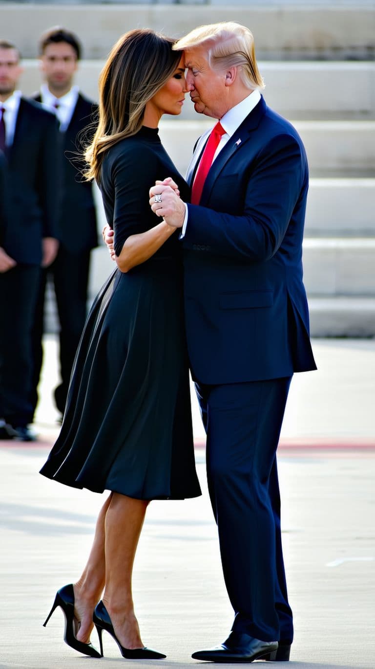 AI generated: Melania trump danse avec justin trudeau, ils sont tres complice avec un air amoureux