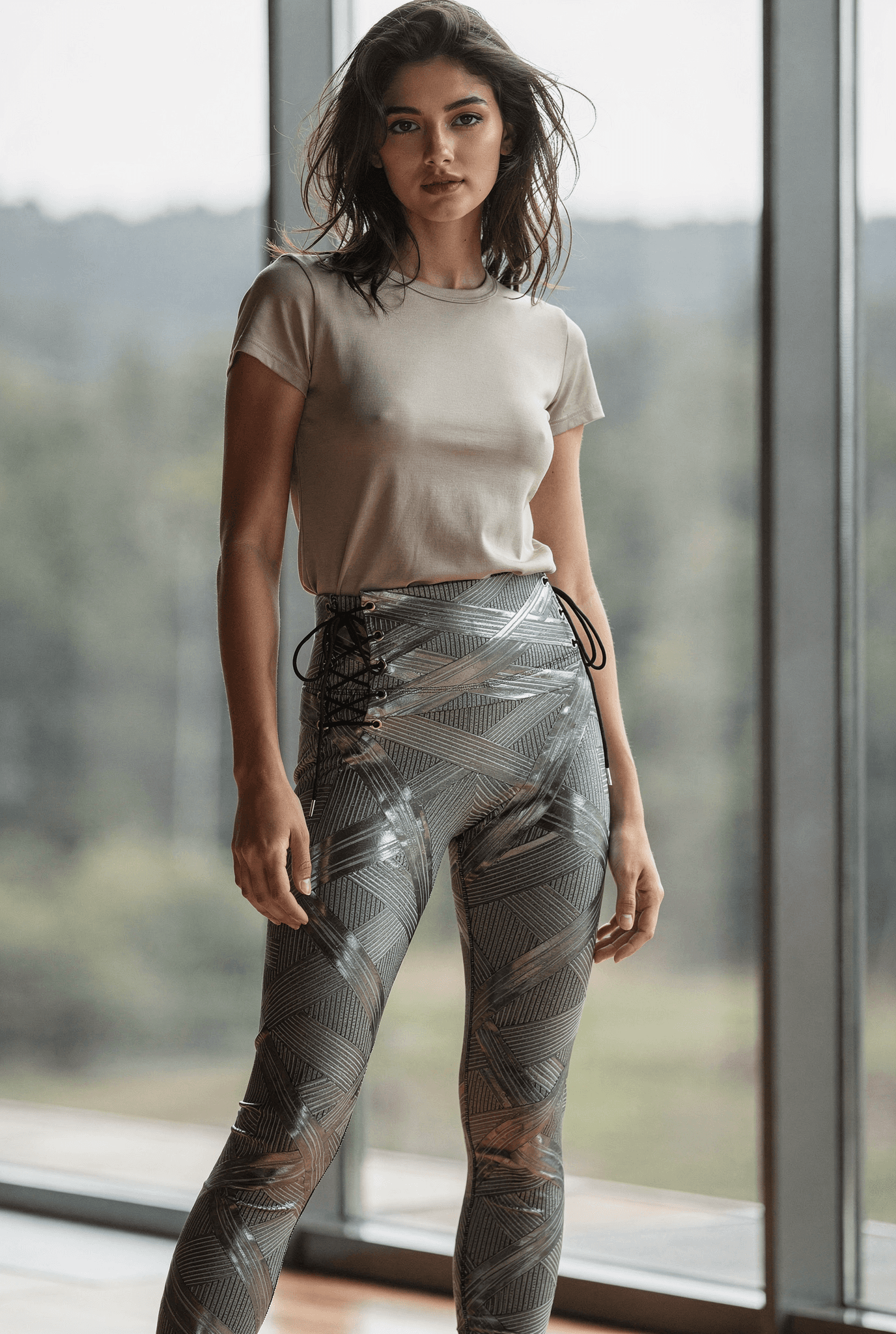 AI generated: A full-body cinematic shot of a young woman with messy, wavy dark hair wearing high-waisted leggings...