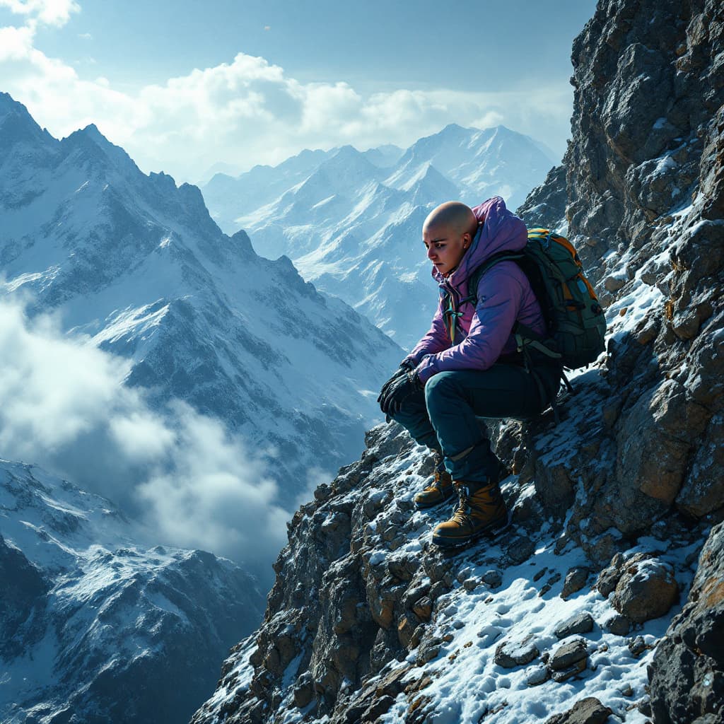 AI generated: A breathtaking scene of a teary eyed bald female mountaineer reaching the summit against all odds