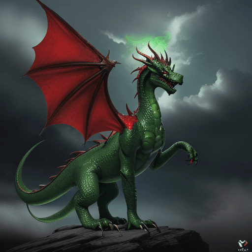 AI generated: a green dragon with glowing red eyes emerging from the clouds, front view, no background, full-body ...