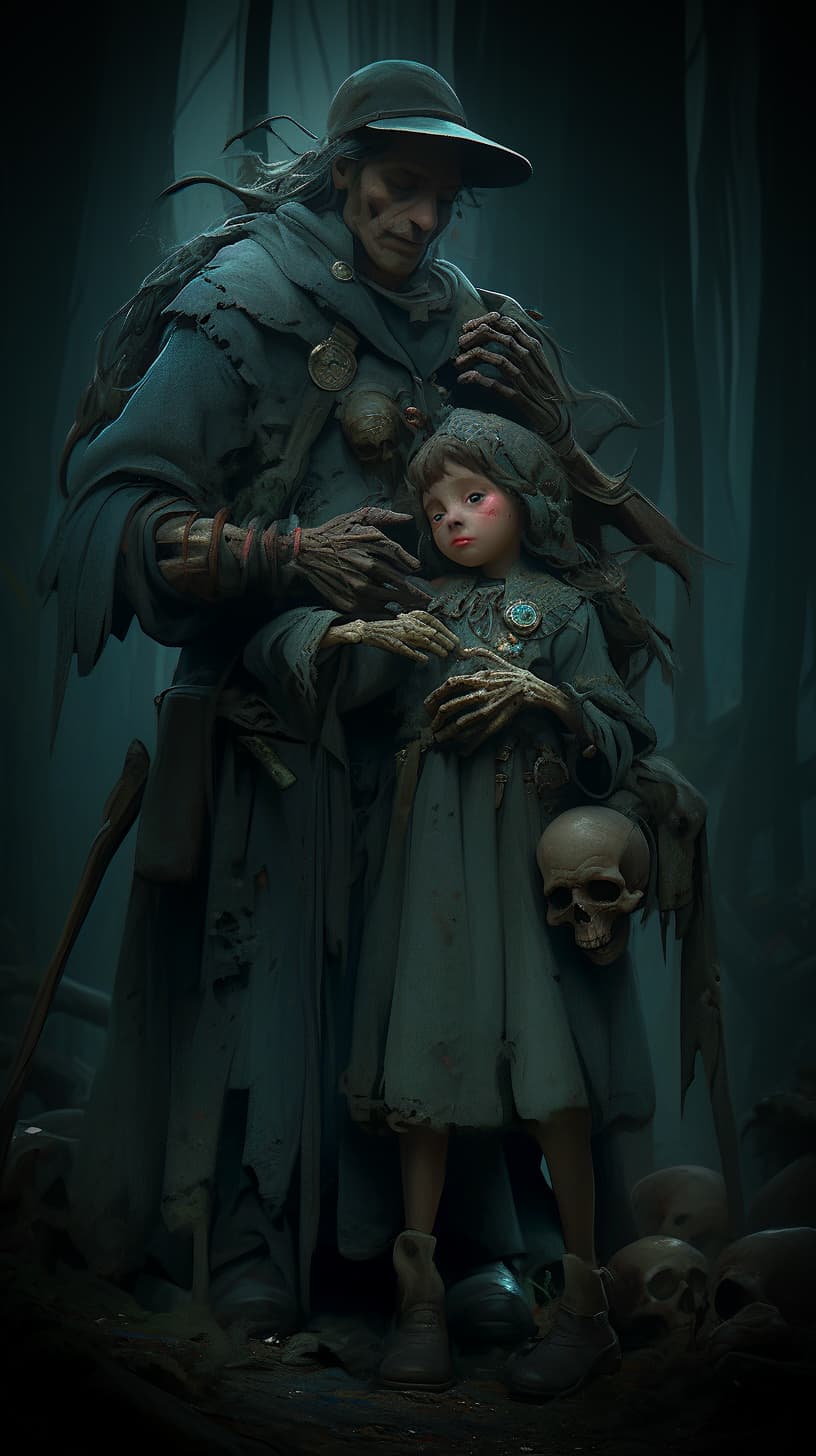AI generated: Hansel and Gretel, guy and lady in a dark forest, skull and bones, macabre, horror, haunting, hyperr...