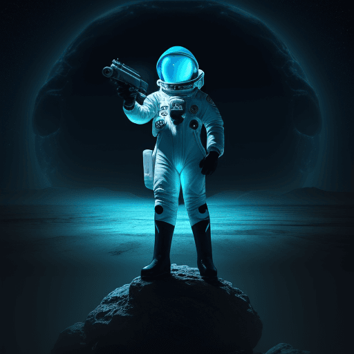 AI generated: a boy standing on Neptune, holding an alien gun, wearing a space suit, night vision, cinematic view,...