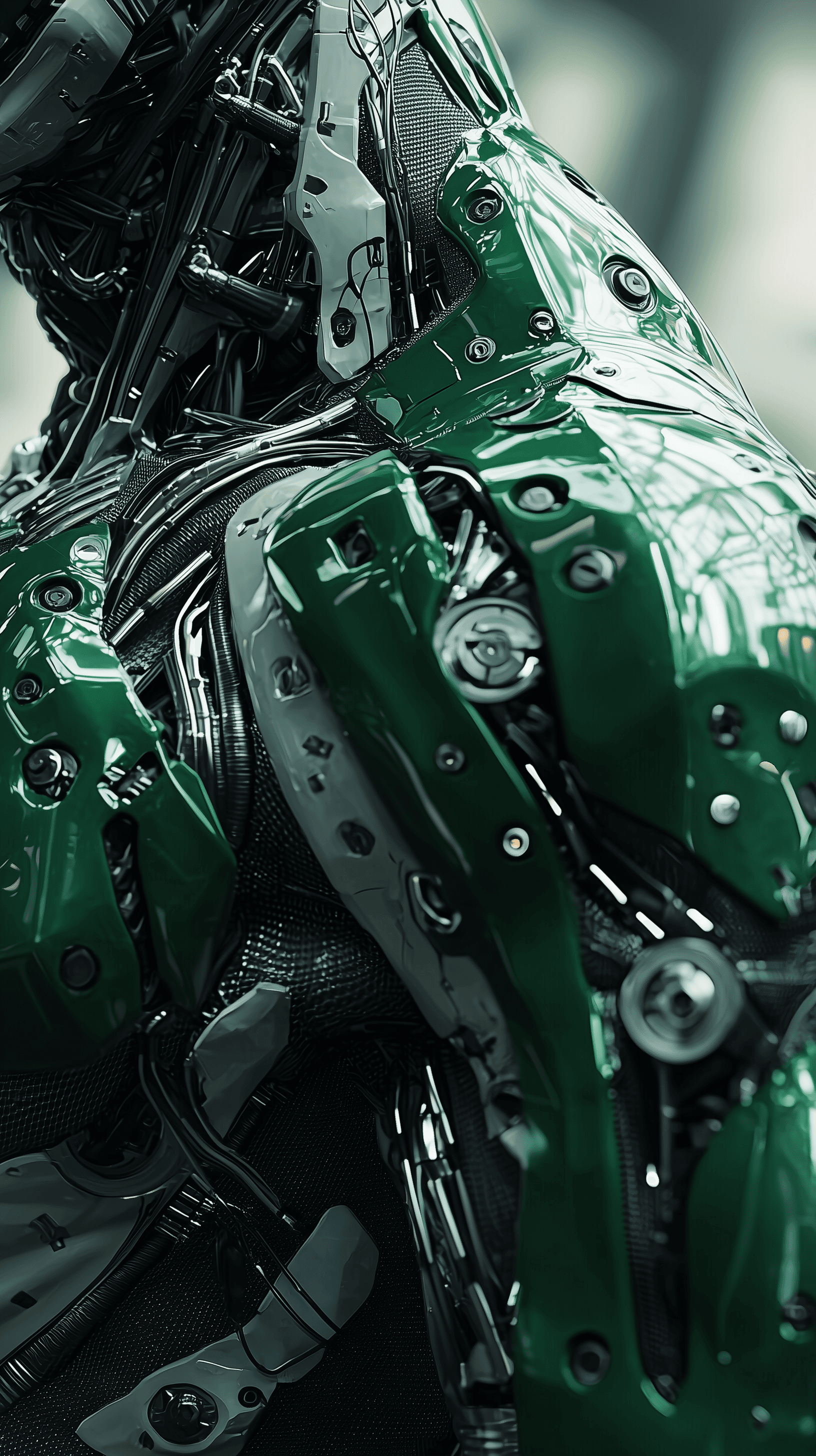 AI generated: close-up shot, sci-fi concept, shoulder, polished green metallic sleek, intricate robotic details wi...
