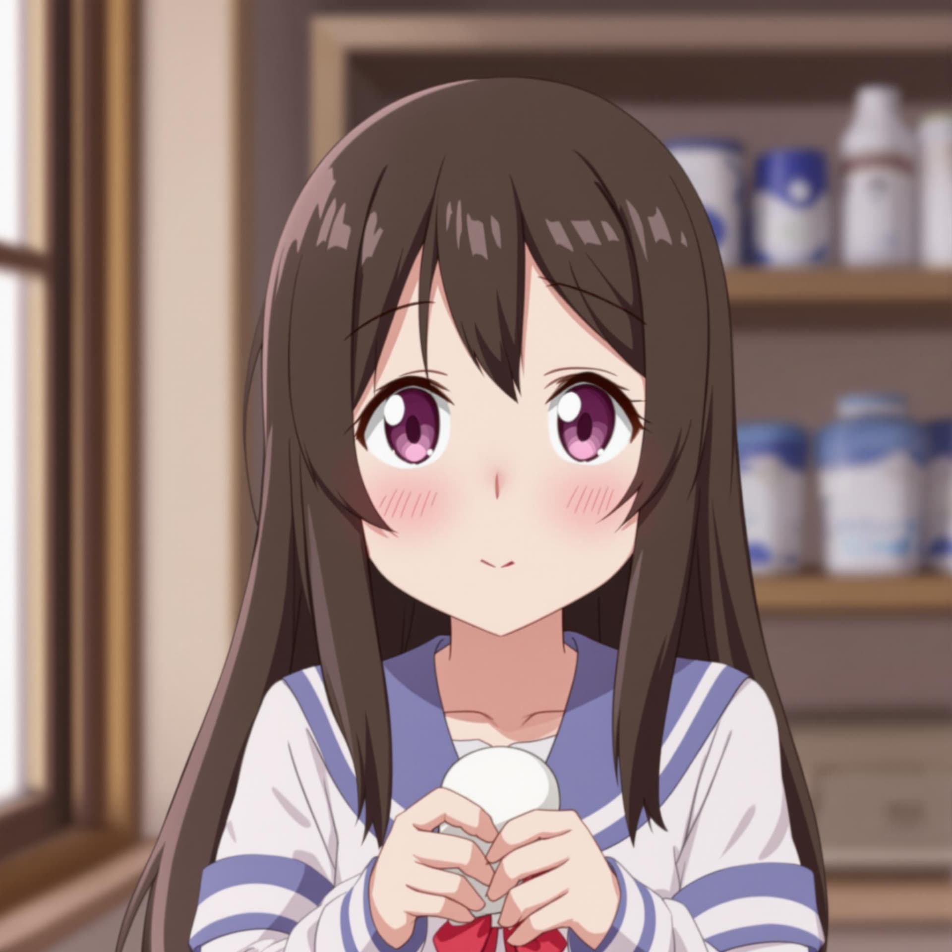 AI generated: An animated image of a girl with long dark brown hair, a white shirt with a blue stripe on the shoul...