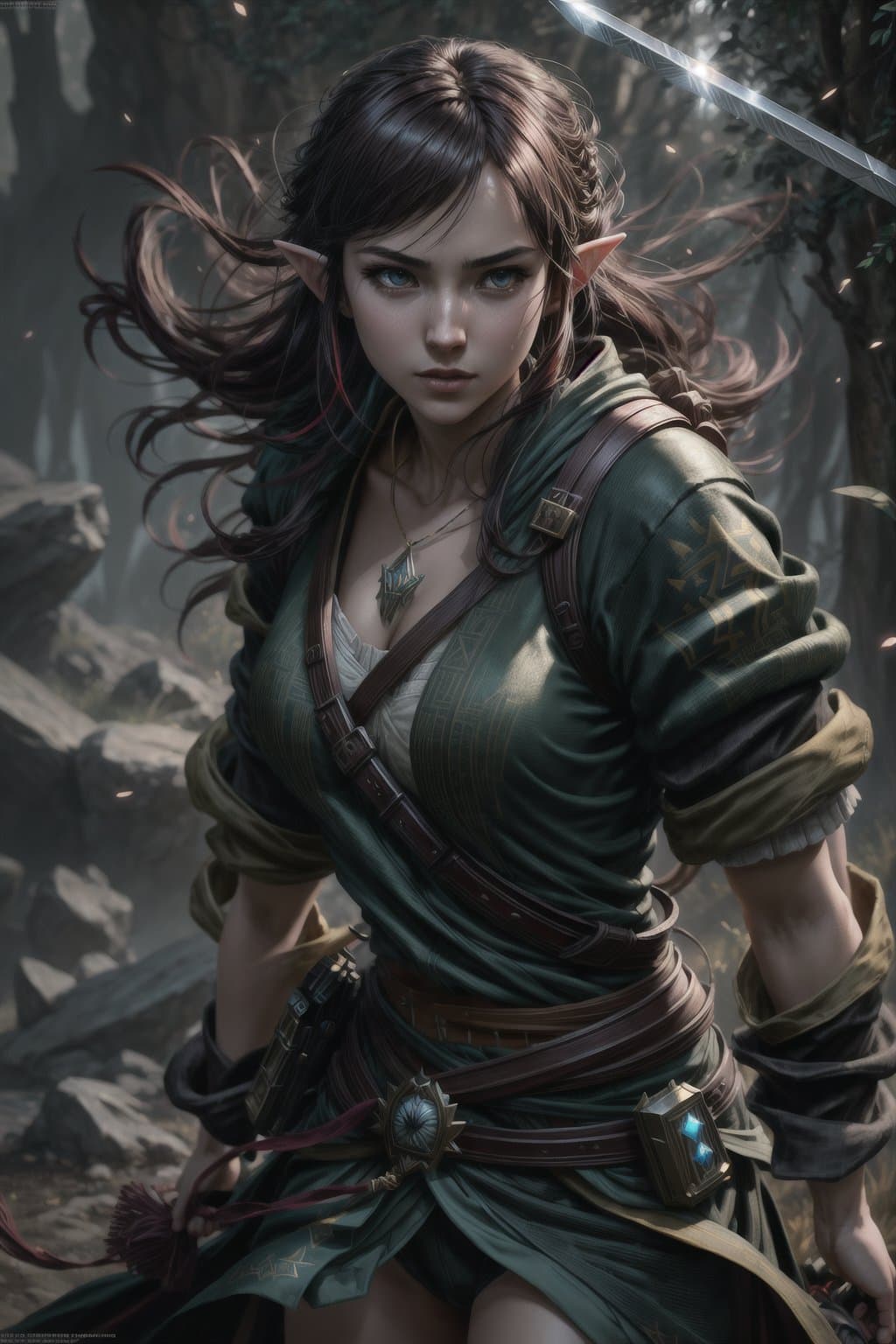 AI generated: Adult Link ready to fight holding sword, elf, style of zelda and nintendo, 16k, UHD, HDR10, 16K, ((M...