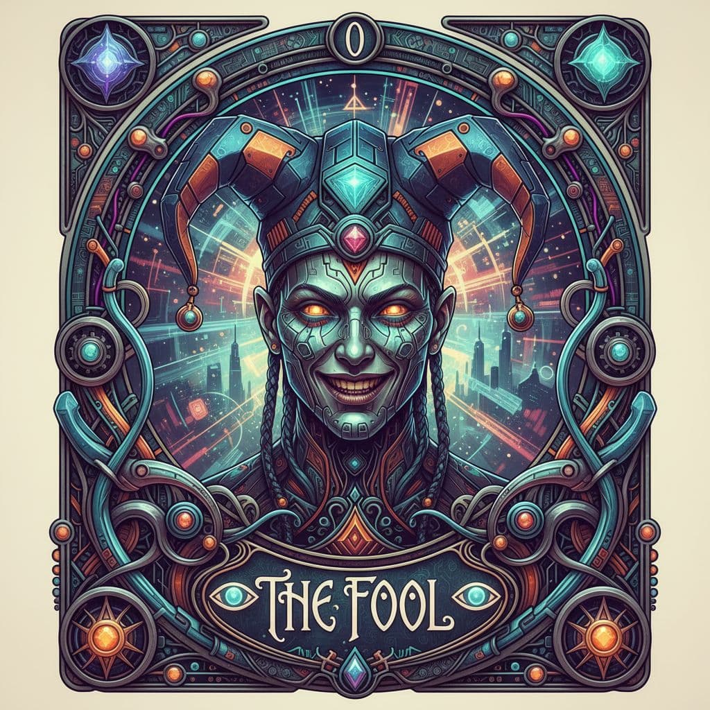 AI generated: tarot card with intricate detailed frame around the outside |portrait of cyberpunk head with jester ...