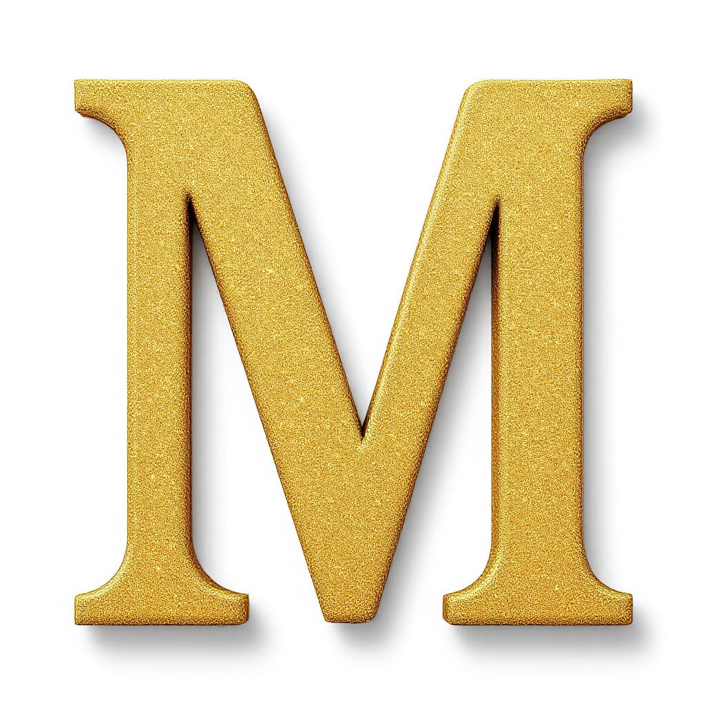 AI generated: 3D White letter "M" with gold glitter, white background, sticker style.
