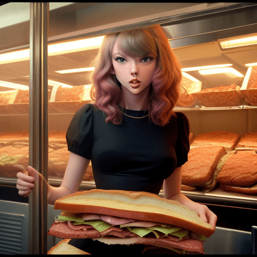 AI generated: Single Taylor Swift inside of a five foot high Jewish deli sandwich of juicy pastrami piled high, 50...