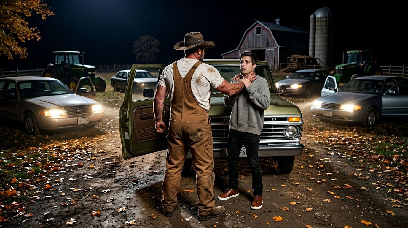 AI generated: In an Autumn night at a ranch. The vintage olive green Ford pick up truck is parked between nine car...