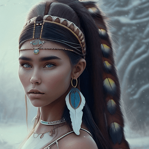 AI generated: mdjrny-v4 style portrait photograph of Madison Beer as Pocahontas, young beautiful native american w...
