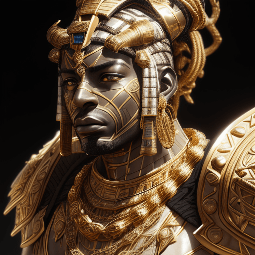 AI generated: Close-up portrait of a Nubian king from ancient egypt walking into no mans land, metallic armor,whit...