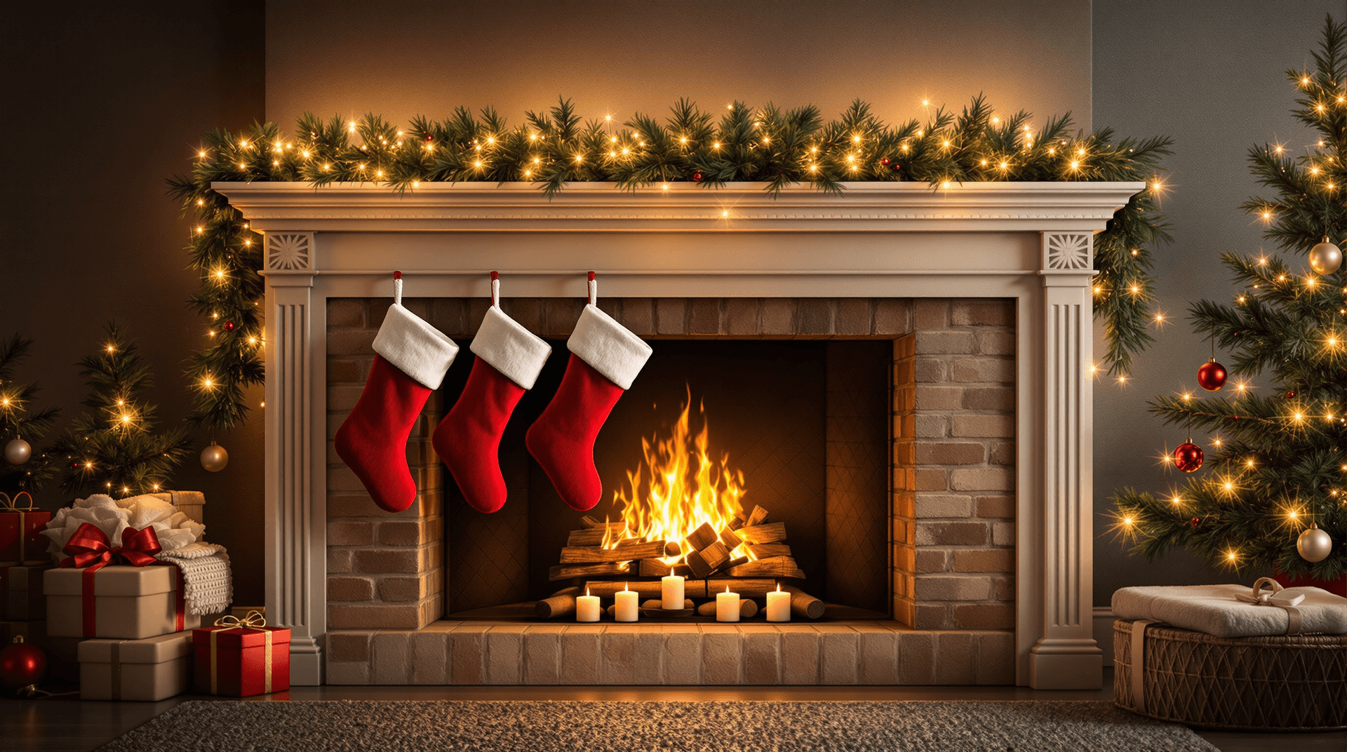 AI generated: A Christmas Eve fireplace scene with stockings, garlands, and a glowing hearth"