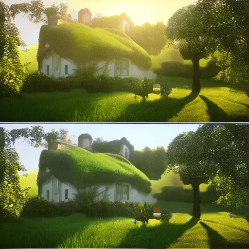 AI generated: 4 photos of the same scene of a beautiful green field and a cottage in the back, 4k, hyper realistic...