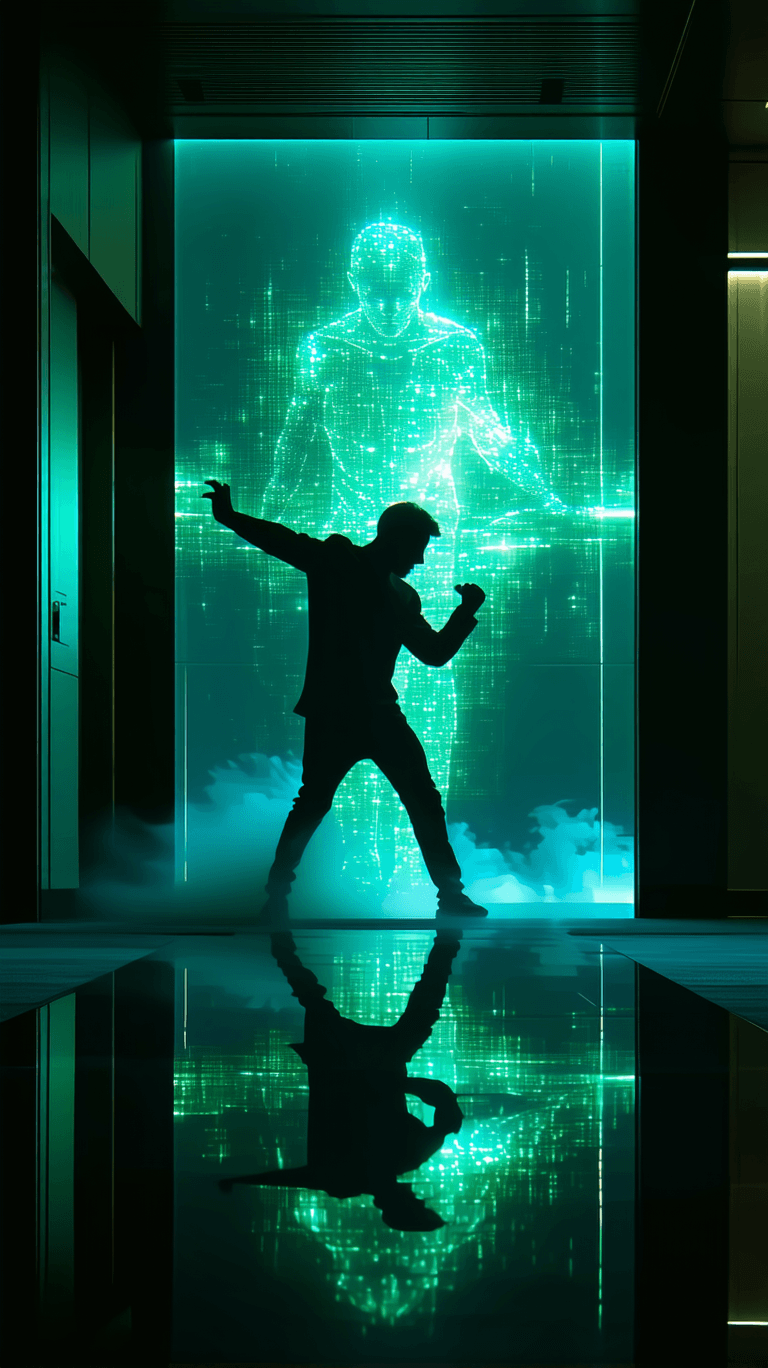 AI generated: Movie poster,in style of the film “fight of myself”,a man fighting his silhouette in style of hologr...