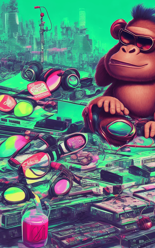 AI generated: DJ, Diddy Kong, Donkey Kong, headphones, sunglasses, cyberpunk, CD, record, cassette tape, genius mo...