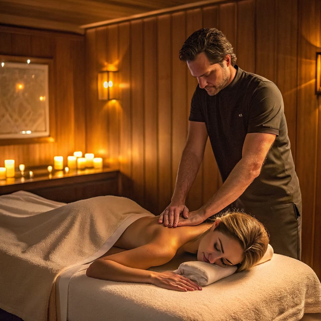 AI generated: 
> In a softly lit private massage room, golden candlelight flickers against the warm wooden walls....