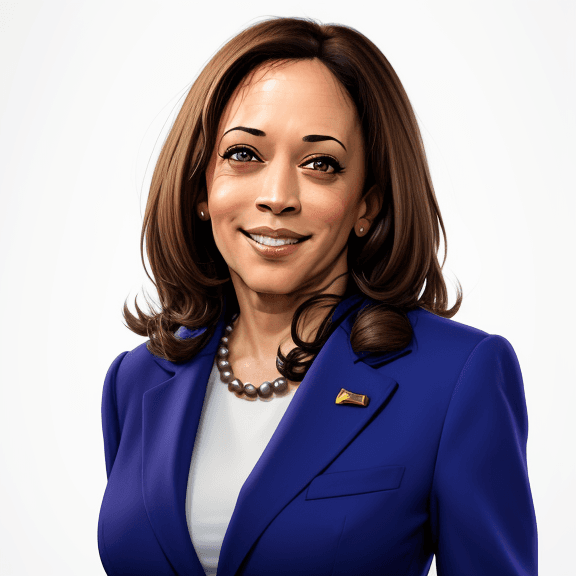 AI generated: cartoon kamala harris headshot, looking into camera, white background, smiling, 4K, wearing a suit

