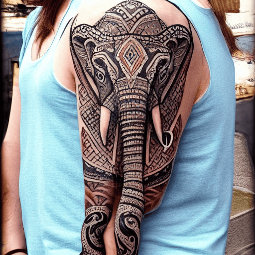 AI generated: TATTOO, ON THE BACK, ELEPHANT, ARMOR, PERSIA, GREECE