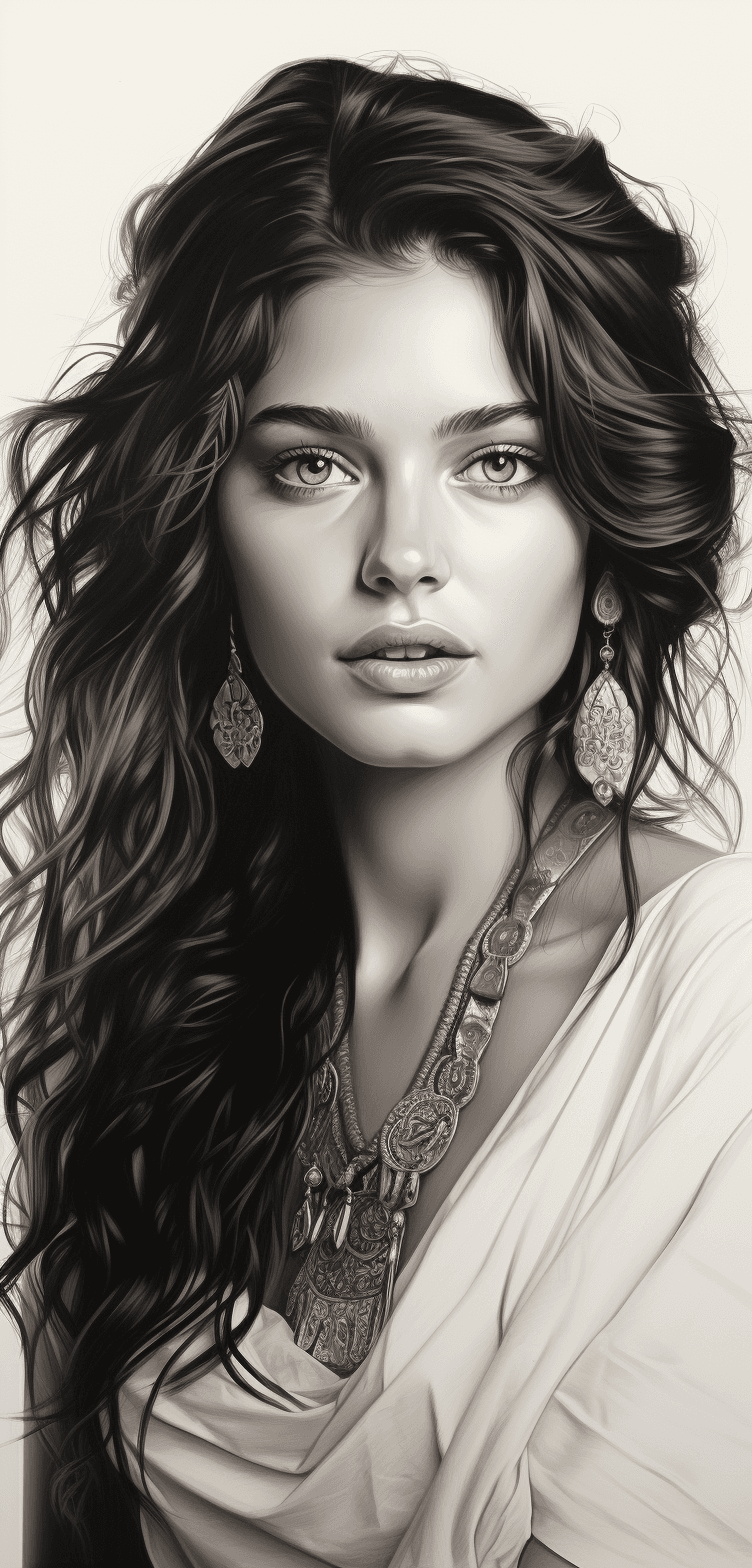 AI generated: Realistic Black and white sketch of a beautiful Indian woman, white background, --ar 61:128 --s 750 ...