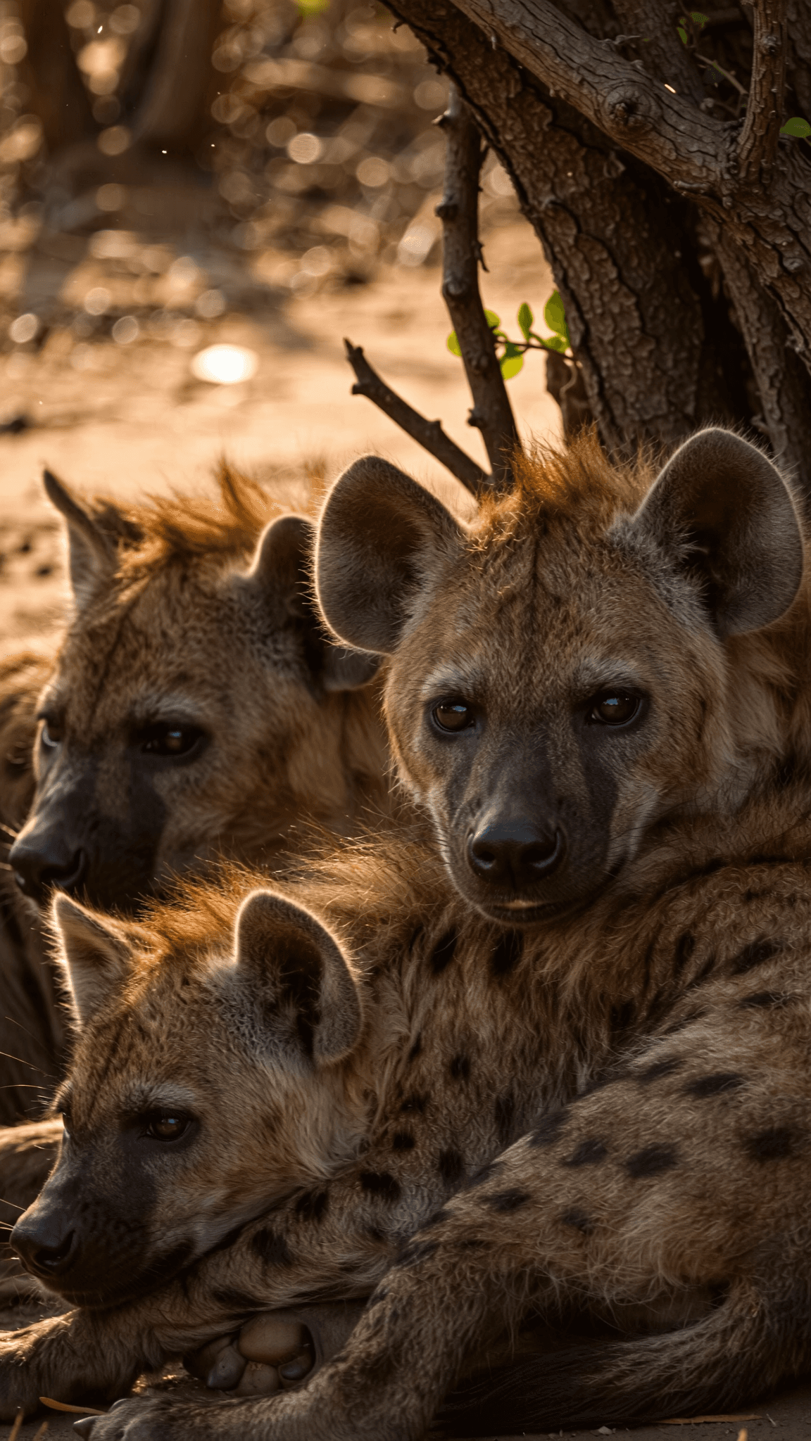 AI generated: Extreme close-up wildlife shot of a spotted hyena family resting in deep shade under an acacia tree,...
