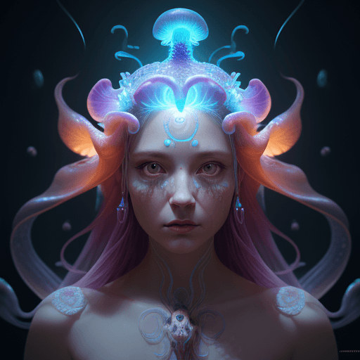 AI generated: Goddess close-up portrait ribcagel. jellyfish phoenix head, nautilus, orchid, skull, betta fish, bio...