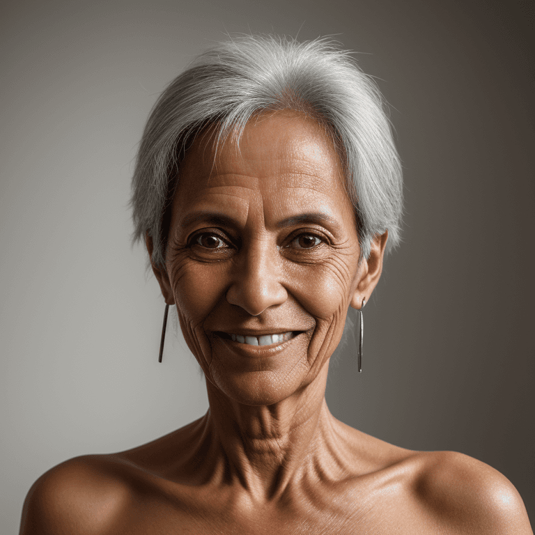 AI generated: hyper realistic headshot photo of a 50 year old brasilian (woman 1.5), slim, skinny, looking into th...