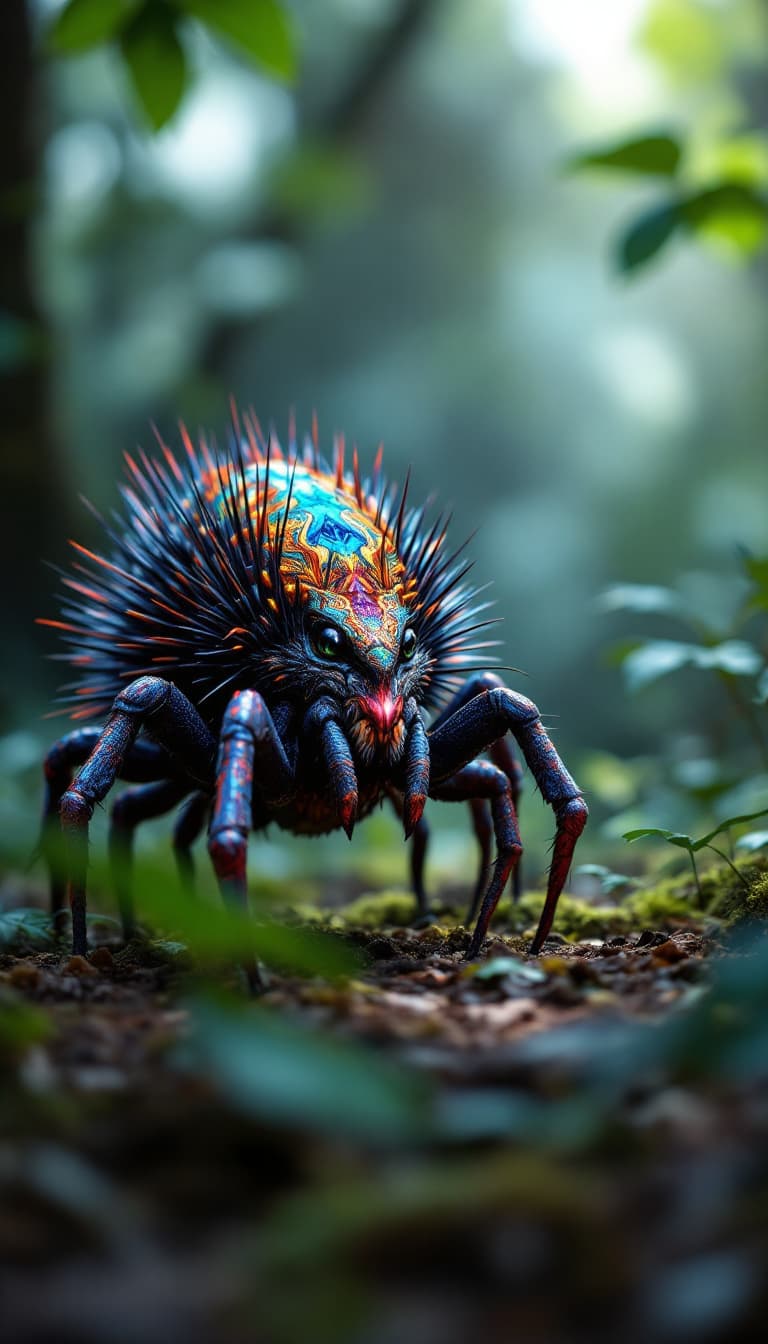 AI generated: A stunning hybrid of a Peacock Spider and an Echidna set against the mysterious, dimly lit backdrop ...