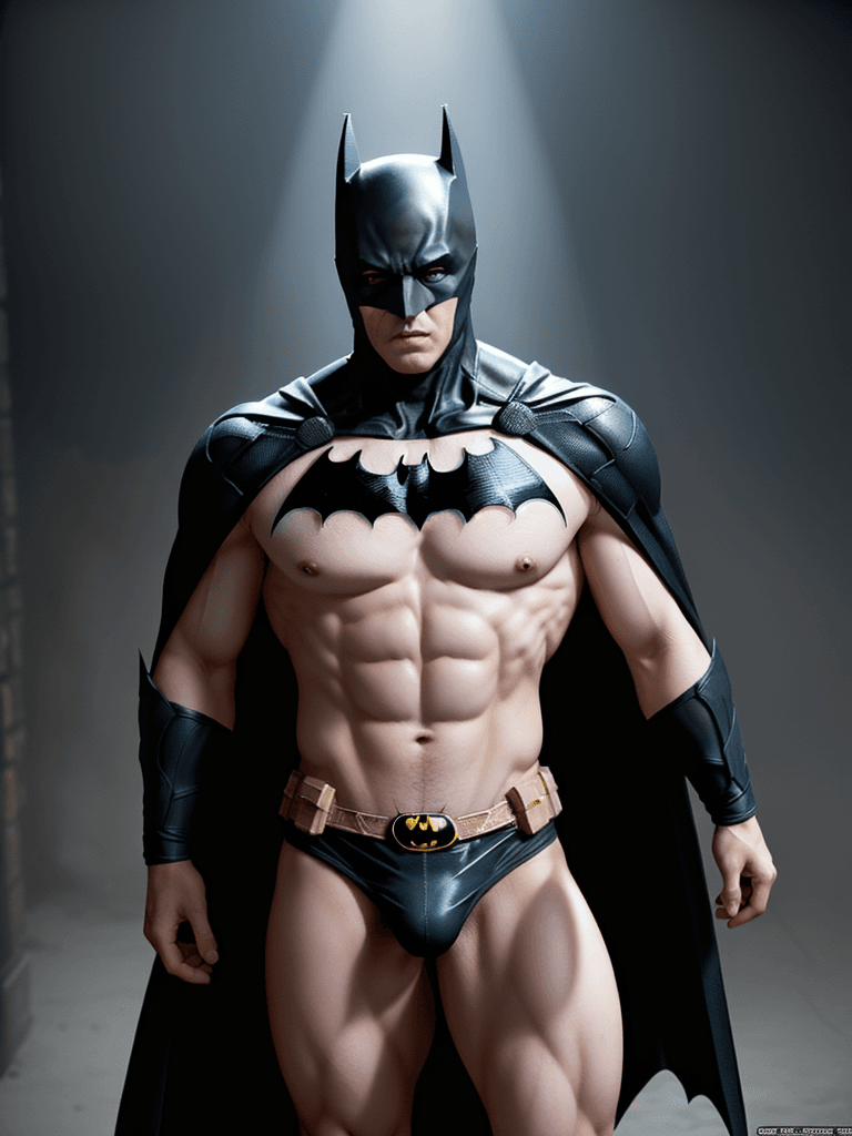 AI generated: Batman, caucasian complexion, big muscles and big thighs, in his thirties, He wears a (((transparent...