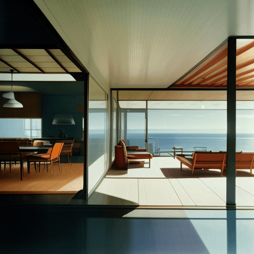 AI generated: Hyper realistic eye level exterior photo of a mid century modern style house overlooking the ocean, ...