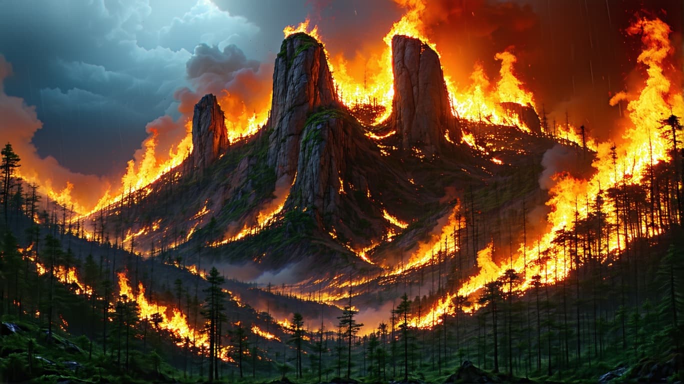 AI generated: A hideous giant foxfire  high and panoramic forest fire, floating rocks with flaming vines, in the s...