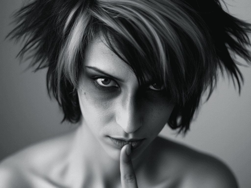 AI generated: A striking hyperrealistic black-and-white close-up portrait of a woman with an intense, mysterious g...