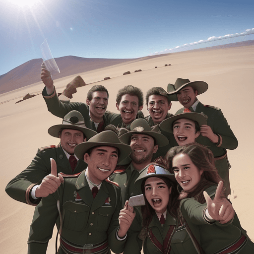 AI generated: GoPro selfie, photorealistic of a group of chilean soldiers gather for a group photo and they took a...