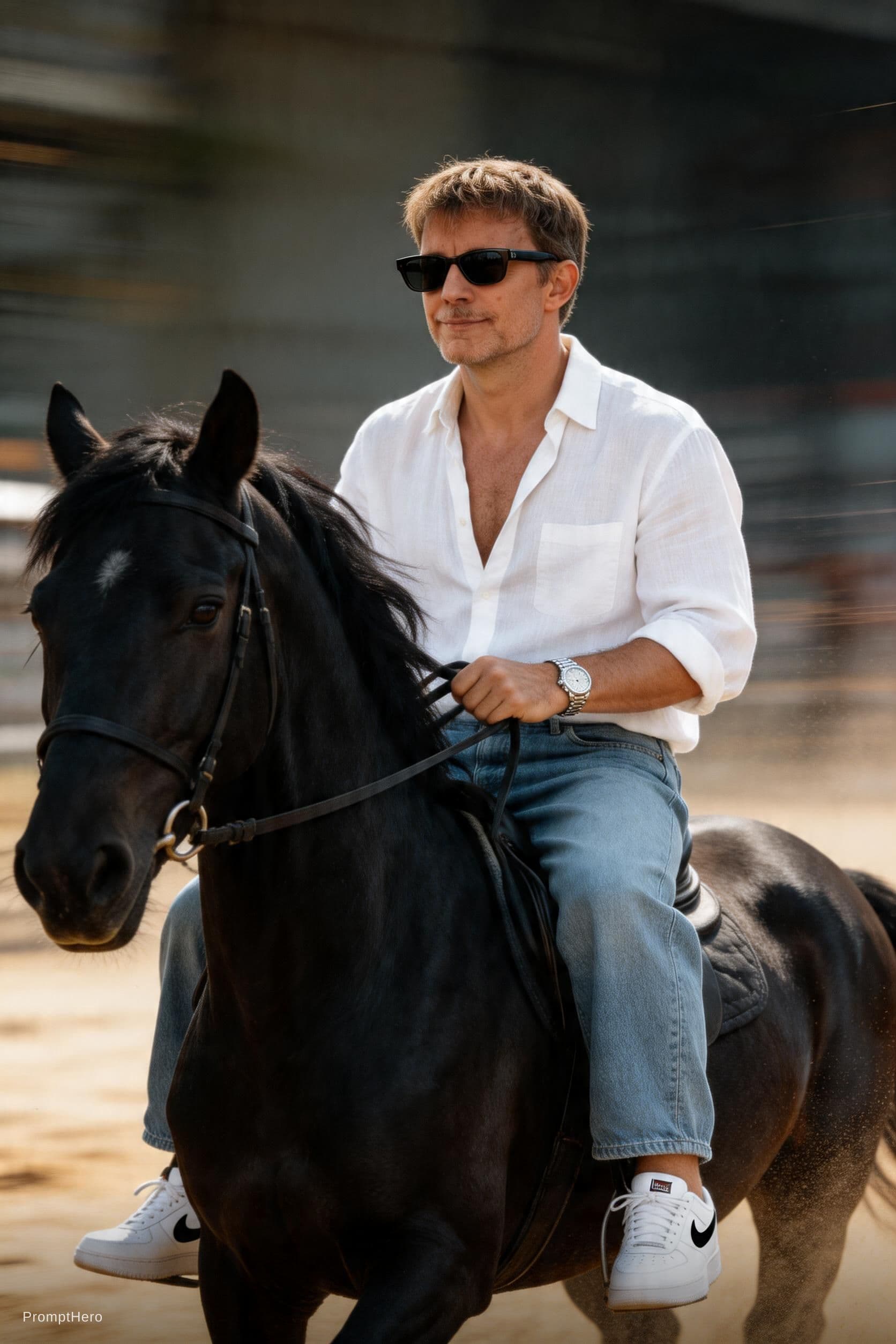 AI generated: Scene: The character in the uploaded photo is riding a powerful, black, hairy horse, captured from a...