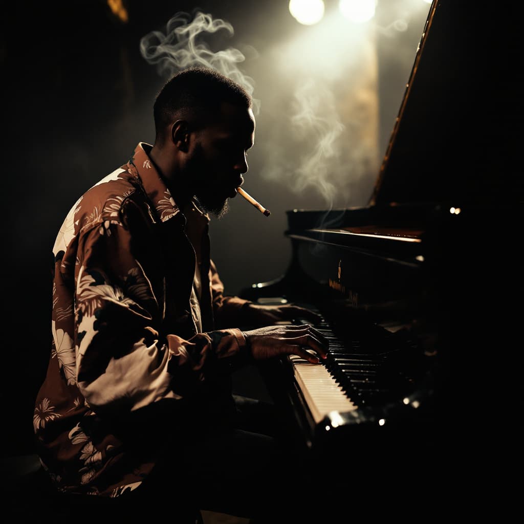 AI generated: a piano player in jamaica vibes black with whiskey and cigarettes 

