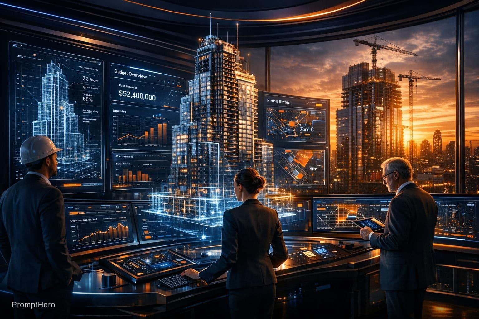 AI generated: Ultra-premium hero image for a cutting-edge AI construction management platform app. A dramatic cine...