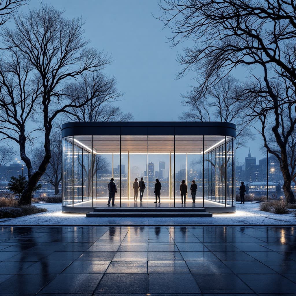 AI generated: modern minimalist architecture, contemporary pavilion design, symmetrical curved structure, panorami...
