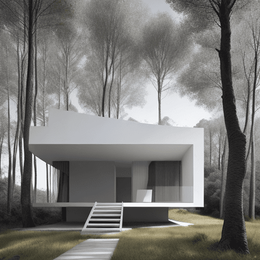 AI generated: una casa en el bosque estilo minimalista colores gris y blanco con vidrios

