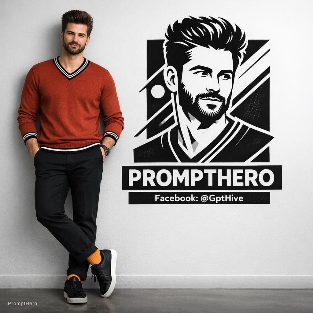 AI generated: "Ultra-realistic 8K full-body portrait of a stylish young man leaning casually against a clean light...