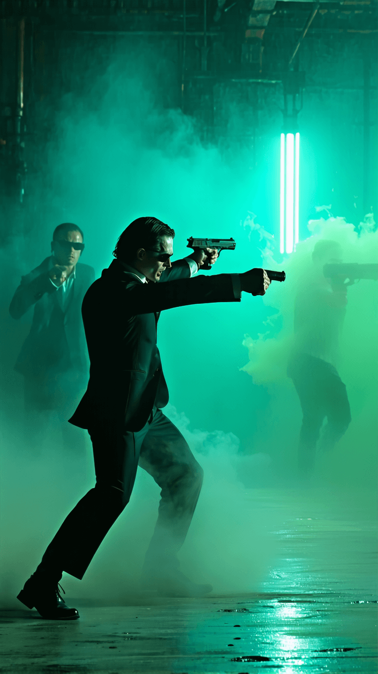 AI generated: A hyper realistic fight scene,ilke in the film matrix,matrix  style,cartıonish tri color background,...
