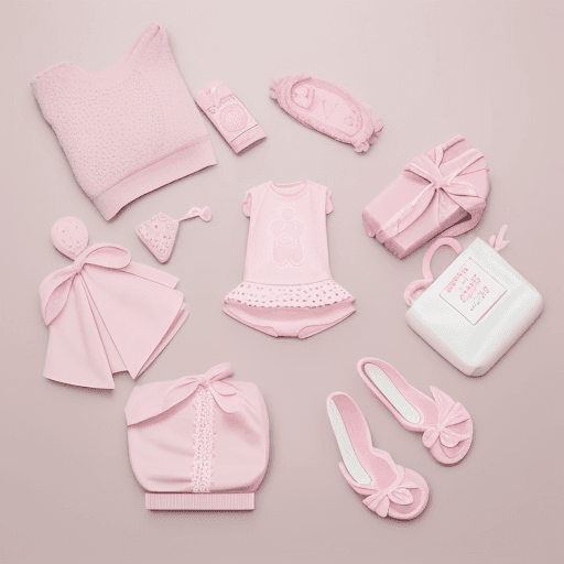 AI generated: A lot of pink gifts for a newborn girl, children's type image